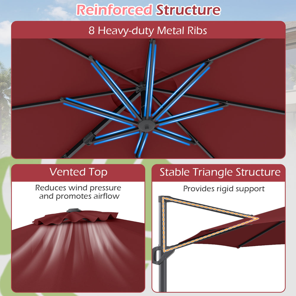 10 feet patio cantilever umbrella with heavy-duty metal ribs, vented top, and easy tilt adjustment for optimal shade.