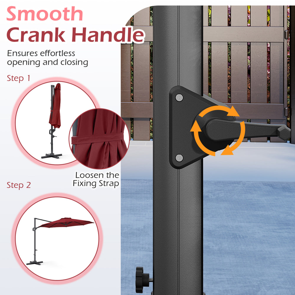 Smooth crank handle for the 10 feet patio cantilever umbrella in wine, ensuring easy opening and closing.