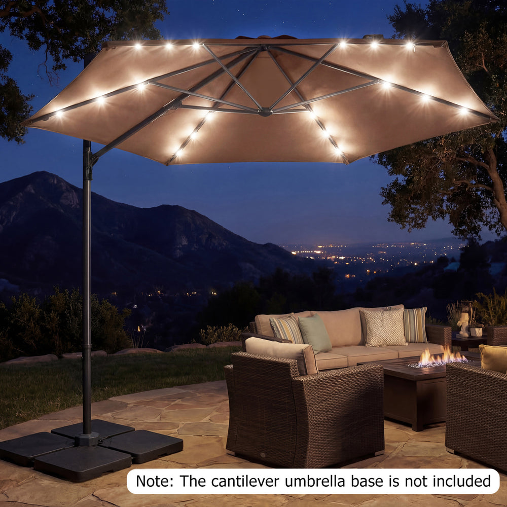 costway 10' patio umbrella 10 ft Cantilever with 32 Solar LED Lights and 220 LBS Base-Dark Blue Premium polyester fabric guards against harsh sunlight and resists light drizzle 10 Feet Patio Cantilever Umbrella