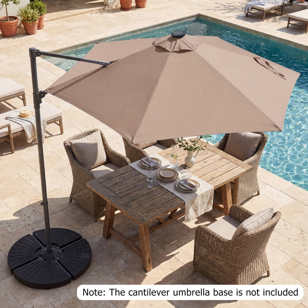 10-foot tan patio cantilever umbrella with solar LED lights, 360° swivel function, perfect for outdoor gatherings.
