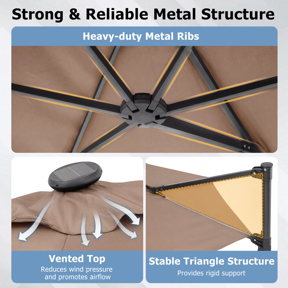 10-foot tan patio cantilever umbrella with solar LED lights, featuring a stable triangle structure and vented top for.