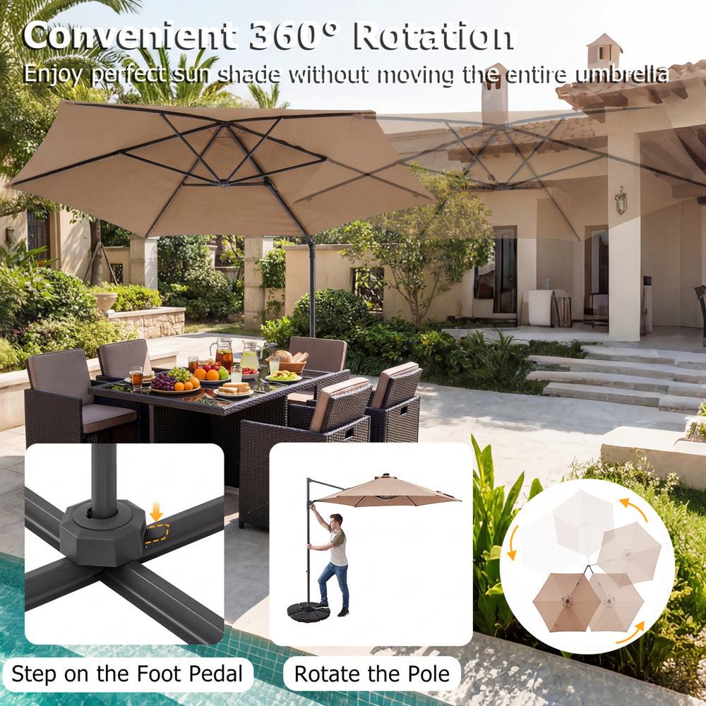 10 feet patio cantilever umbrella in tan with 360° rotation, solar LED lights, and sturdy metal ribs for outdoor.