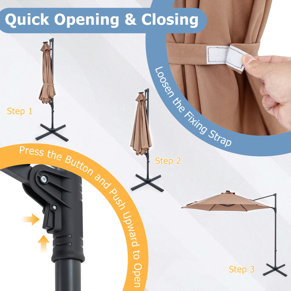 10 feet tan patio cantilever umbrella with solar LED lights, showcasing quick opening and closing steps for easy use.