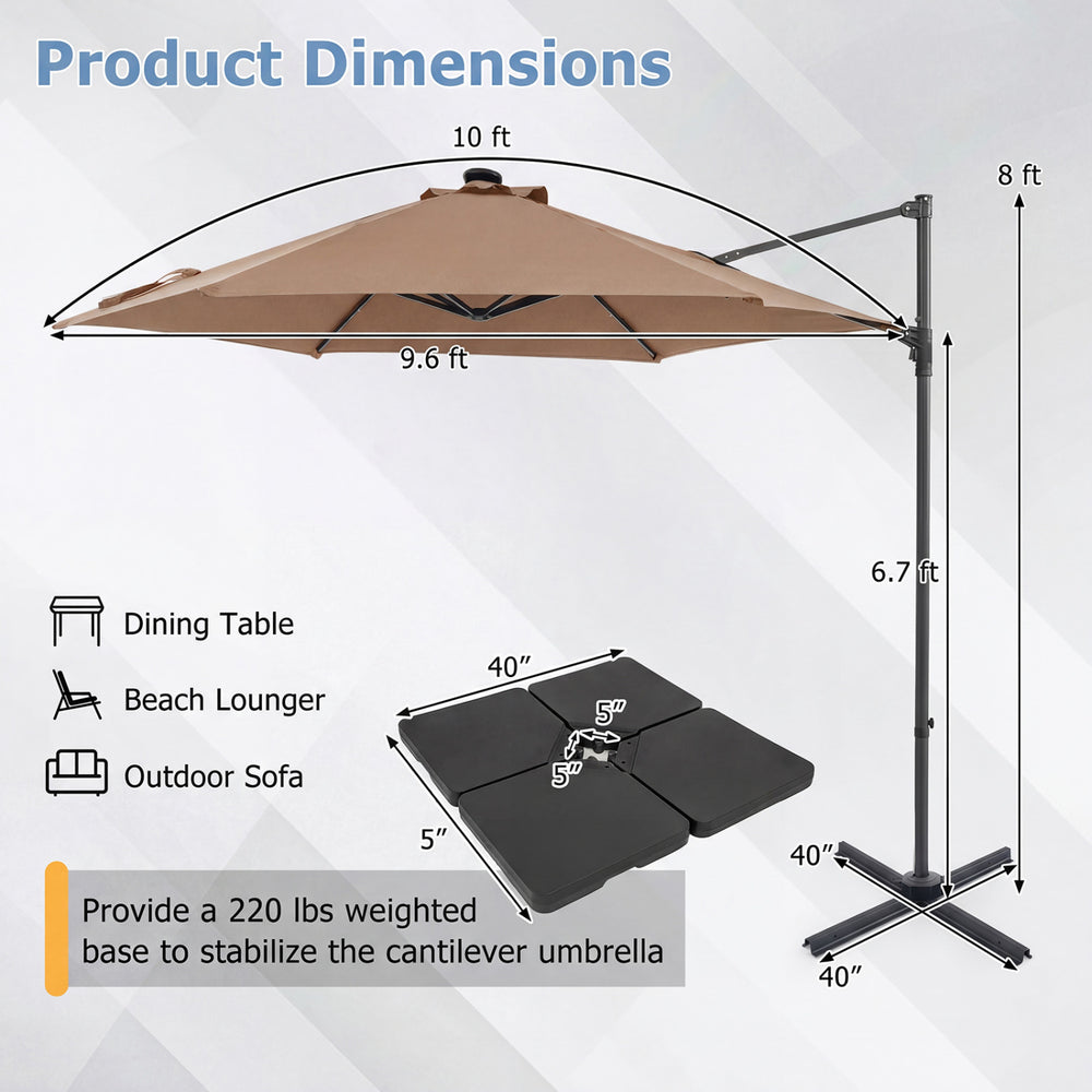 10-foot tan patio cantilever umbrella with solar LED lights, featuring a 360° swivel function for optimal sun shade.