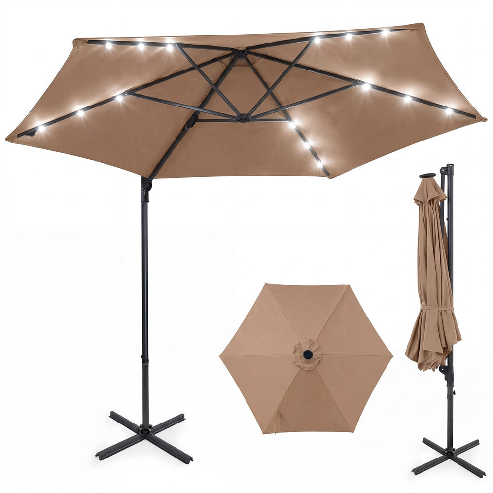 10 feet tan patio cantilever umbrella with solar LED lights, featuring a 360° swivel function for optimal sun shade.
