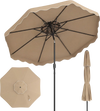 10-foot coffee patio umbrella with ruffled scallops, push-button tilt, and crank for easy opening, ideal for gatherings.