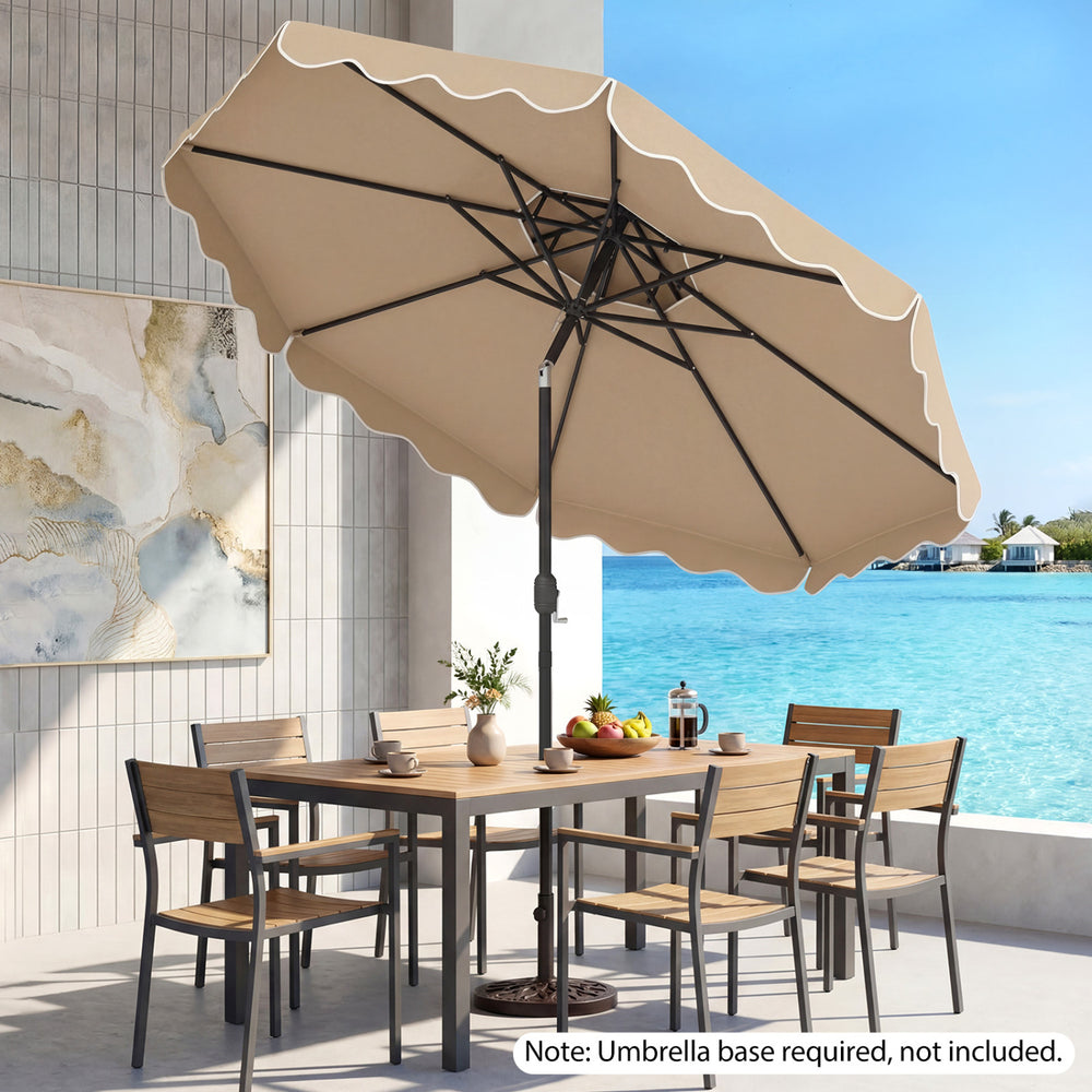 10-foot patio umbrella with coffee polyester canopy and ruffled edges, providing stylish shade for outdoor dining.