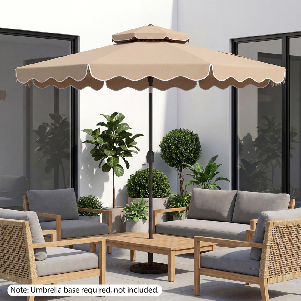10-foot patio umbrella with push-button tilt and crank, featuring a ruffled scalloped canopy for stylish outdoor shade.