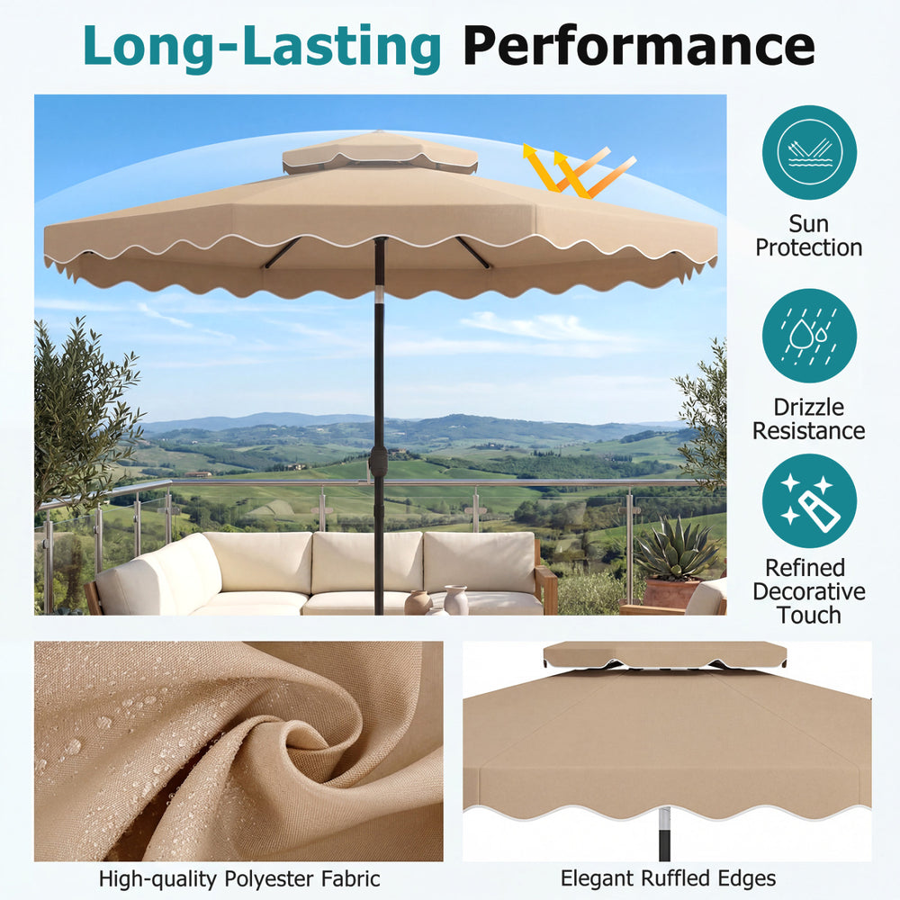 10 feet patio umbrella with coffee polyester canopy, ruffled edges, and push-button tilt for versatile outdoor shade.