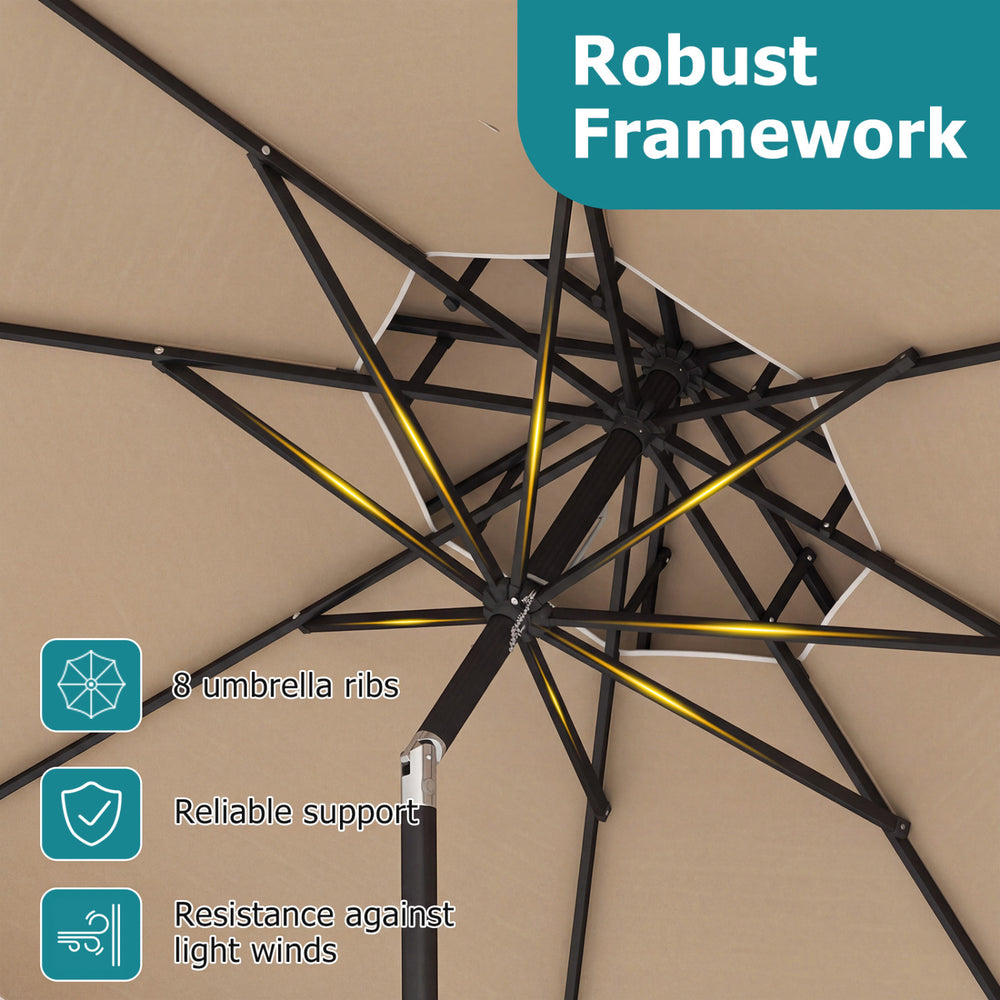 Underneath view of a 10 feet patio umbrella showcasing its robust framework with 8 ribs for reliable support.