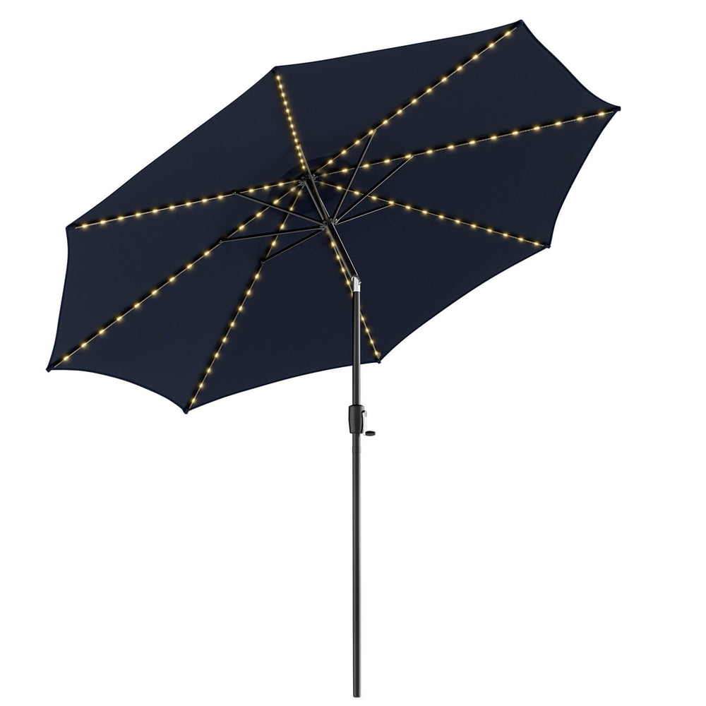 Navy 10 feet patio umbrella with 112 solar lights and crank handle, featuring durable polyester fabric and adjustable.