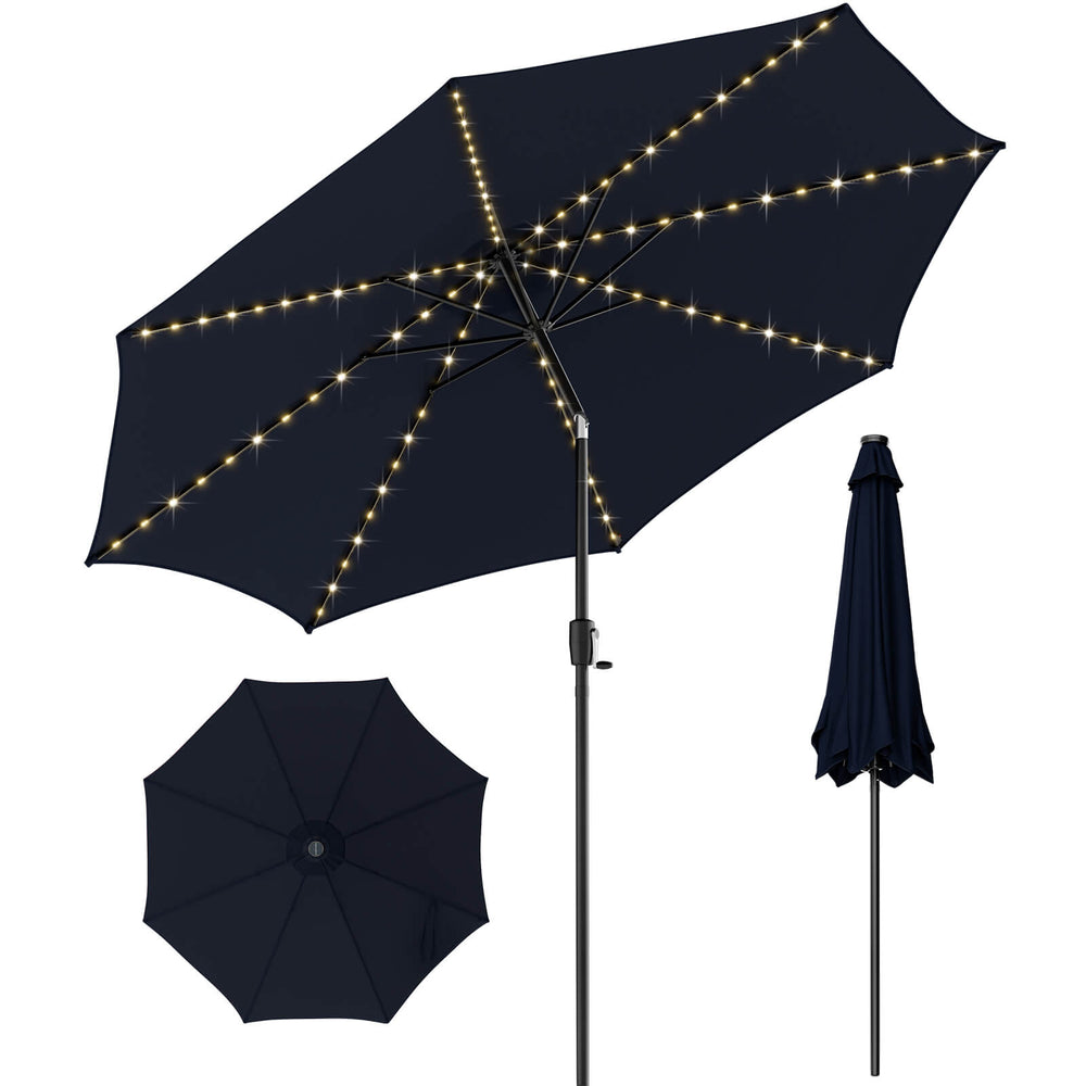 Navy 10 feet patio umbrella with 112 solar lights, crank handle, and durable polyester fabric for outdoor use.