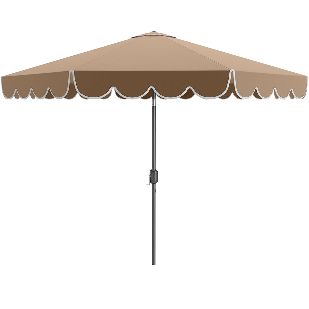 10 feet brown patio umbrella with crank tilt adjustment, featuring ruffled edges and a top air vent for stability.