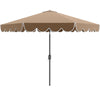 10 feet brown patio umbrella with crank tilt adjustment, featuring ruffled edges and a top air vent for stability.