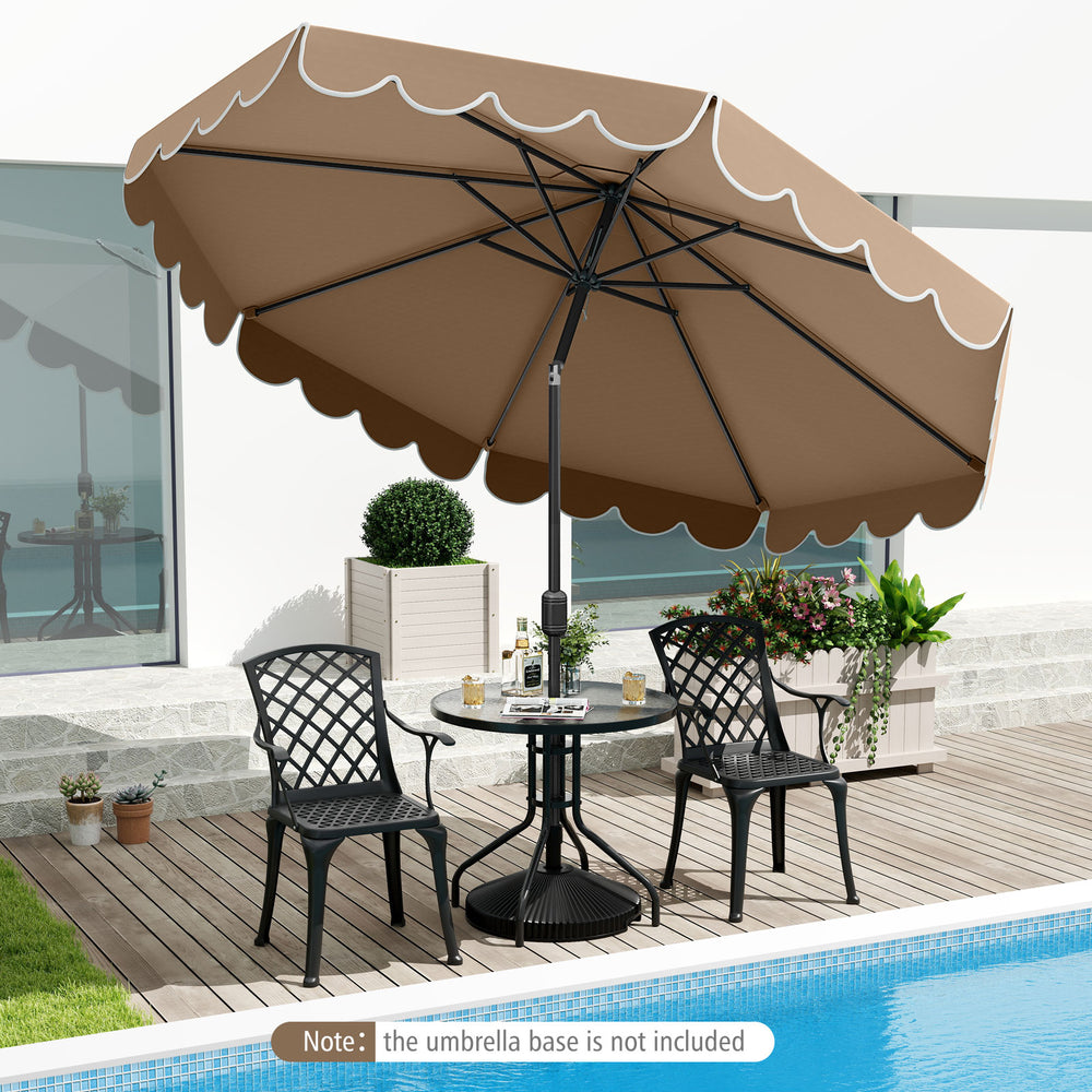 10 feet brown patio umbrella with crank tilt adjustment, featuring ruffled edges and a sturdy design for outdoor use.