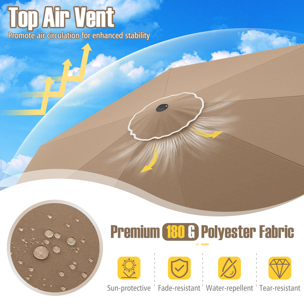 Top view of the 10 feet brown patio umbrella showcasing the air vent and premium 180 G polyester fabric for weather.