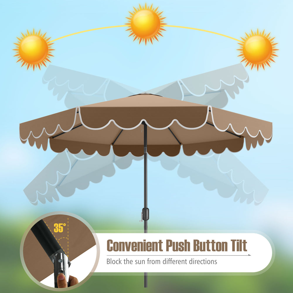 10 feet brown patio umbrella with push button tilt, ruffled edges, and air vent for enhanced sun protection and.