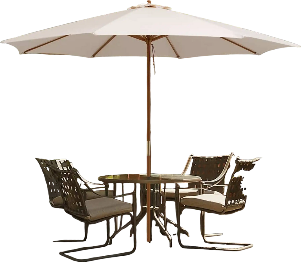 10 feet beige patio umbrella with 8 wooden ribs, adjustable heights, perfect for outdoor shading in gardens or patios.