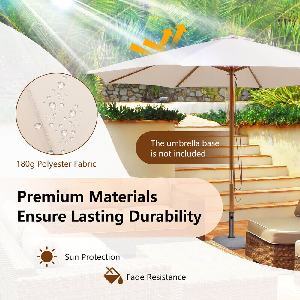 10 feet beige patio umbrella with 8 wooden ribs, durable polyester fabric, adjustable height for sun protection.