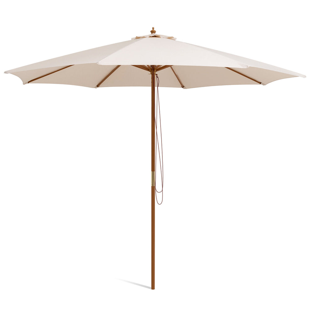 10 feet beige patio umbrella with 8 wooden ribs, adjustable heights, and durable polyester fabric for outdoor shading.