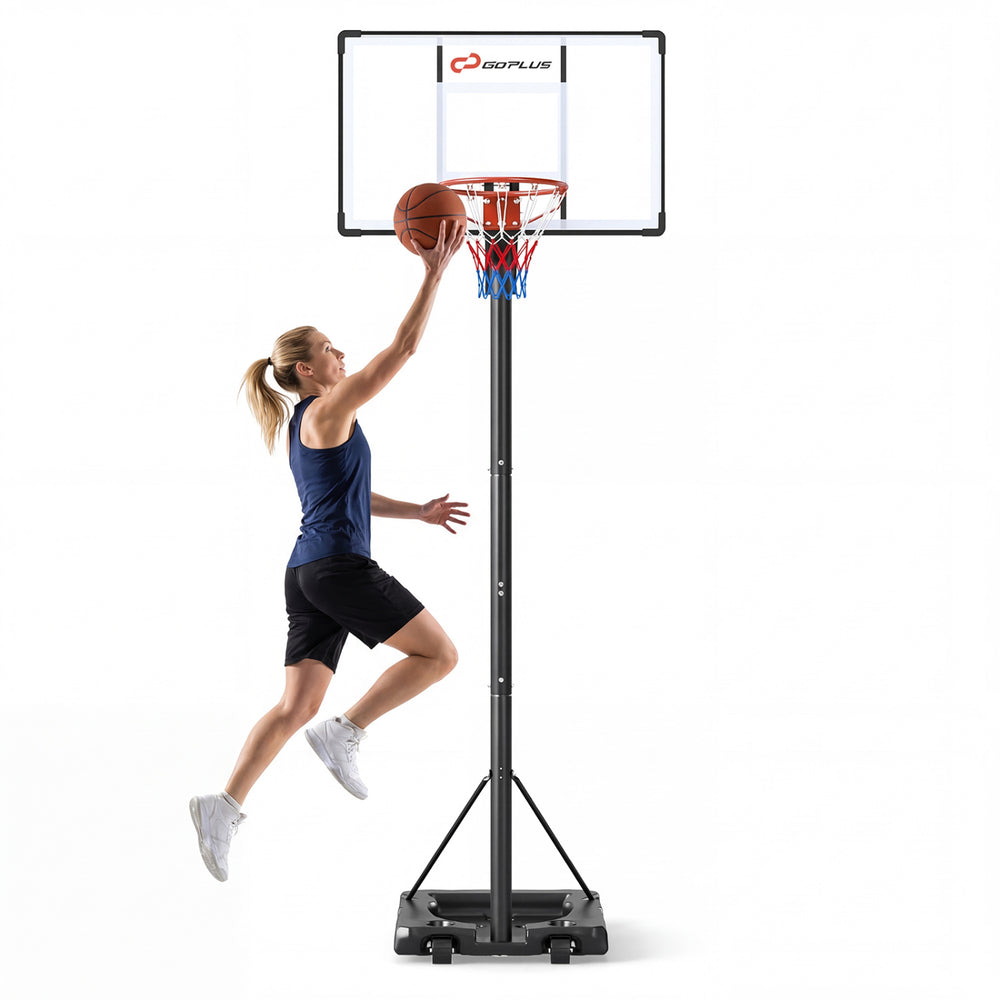 Portable 10-foot basketball hoop with adjustable height, featuring a durable backboard and shock-absorbing springs for.