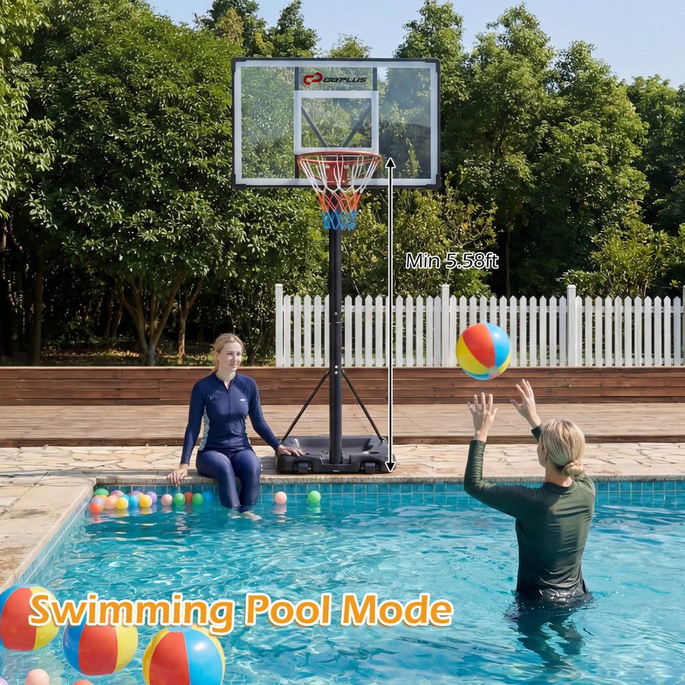 Portable 10-foot basketball hoop in swimming pool mode, adjustable rim height, with impact-resistant backboard.