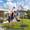 Portable 10 feet basketball hoop with adjustable height, ideal for outdoor family fun and easy mobility on wheels.