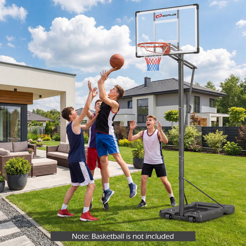 Portable 10 feet basketball hoop with adjustable height, ideal for outdoor family fun and easy mobility on wheels.
