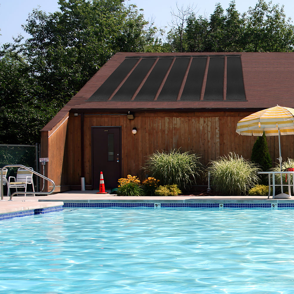 Weatherproof solar swimming pool heating system installed on a roof, designed for efficient heating and energy saving.