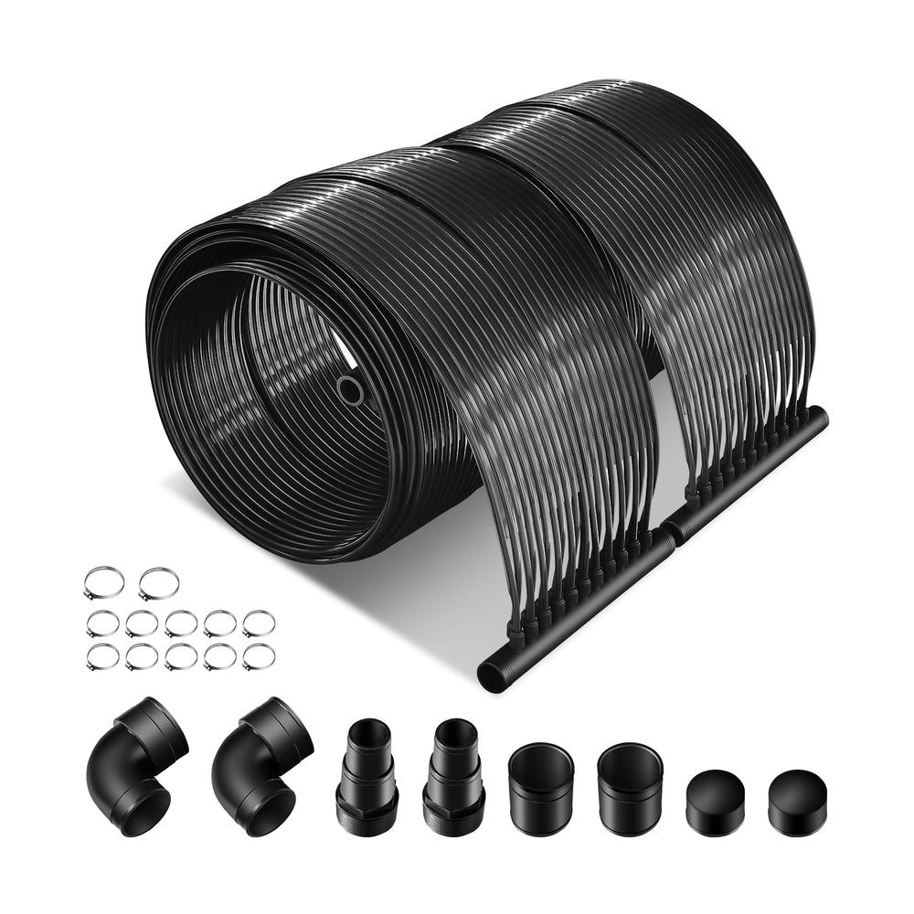 Weatherproof solar swimming pool heating system components, including pipes and connectors, designed for efficient.