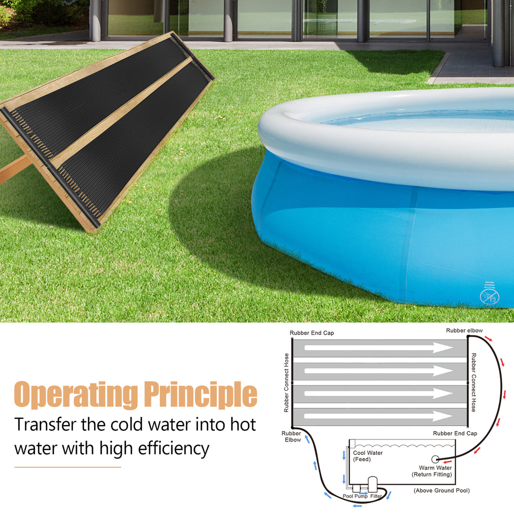Solar swimming pool heating system showing a weatherproof design, made of PE for efficient heat absorption and.