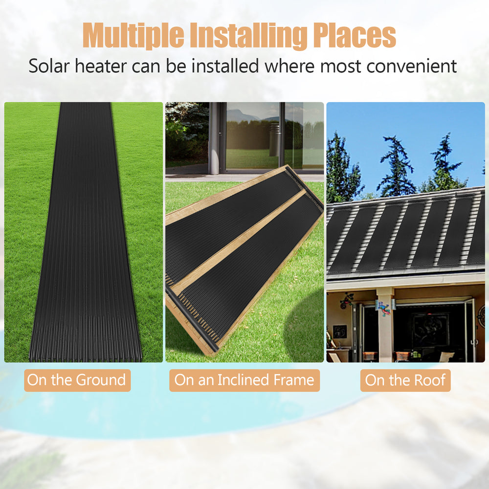 Solar swimming pool heating system installation options: on the ground, inclined frame, or roof for versatile use.