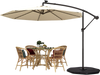 10-foot beige solar offset hanging umbrella with 40 lamp beads, adjustable tilt, and sturdy metal frame for outdoor.