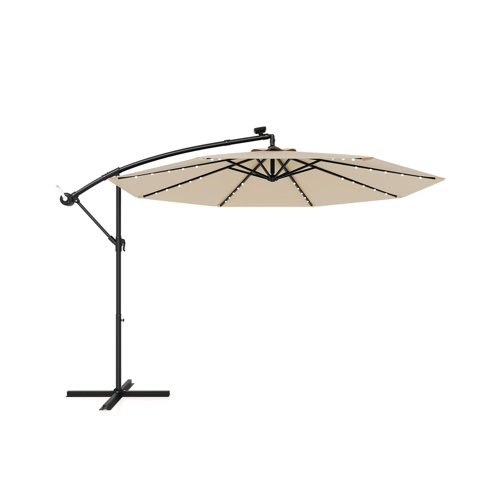Beige 10 feet solar offset hanging umbrella with 40 lamp beads, adjustable tilt, and durable polyester fabric for.