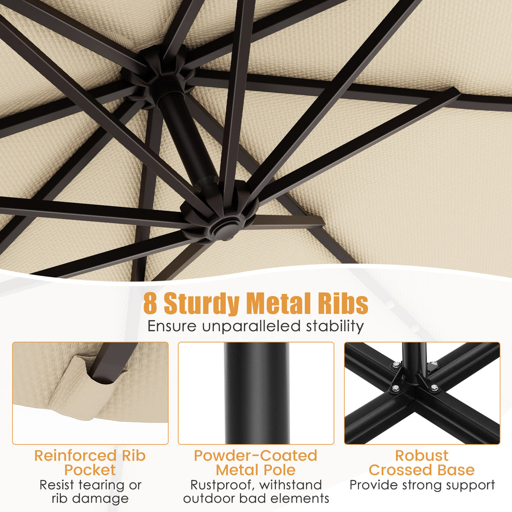 10-foot beige solar offset hanging umbrella showcasing 8 sturdy metal ribs for stability and reinforced rib pockets.