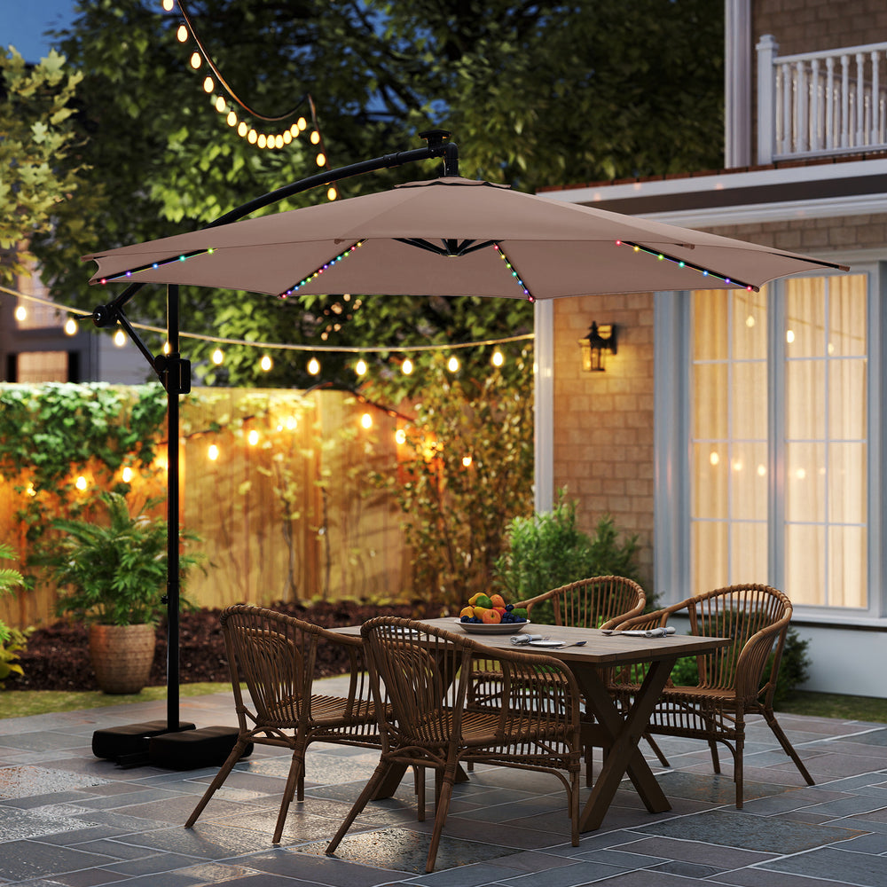 10 ft Solar LED Offset Cantilever Patio Umbrella Hanging Outdoor Market Umbrella-Red