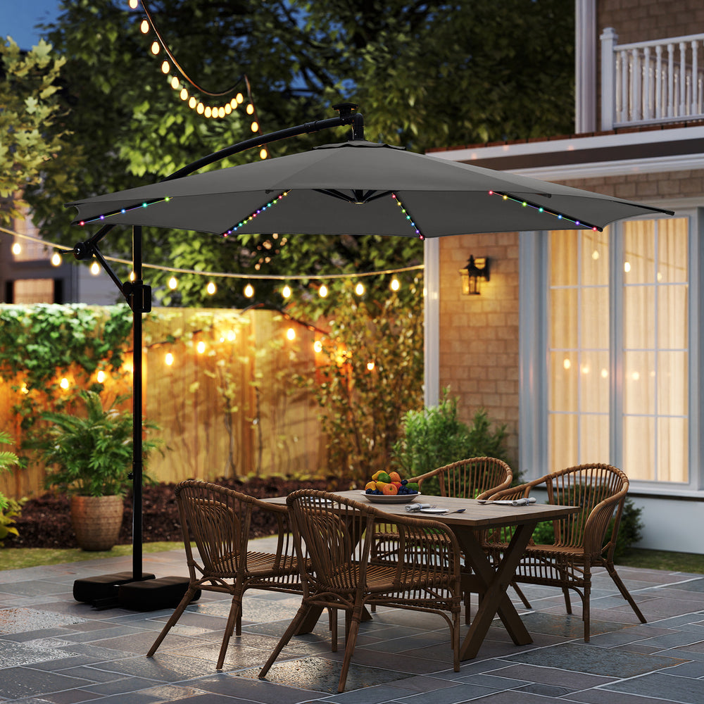 10 ft Solar LED Offset Cantilever Patio Umbrella Hanging Outdoor Market Umbrella-Red