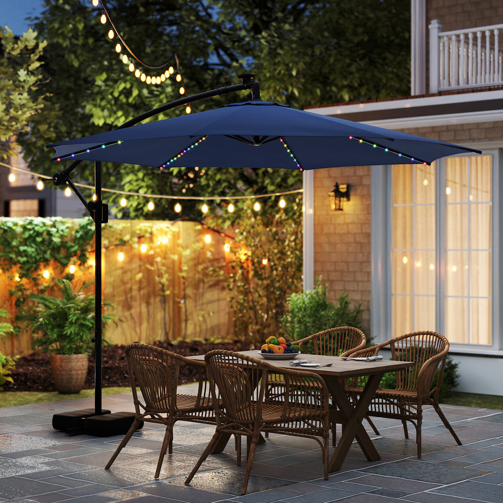 10 Feet Solar Offset Hanging Umbrella with Base and LED Lights-Navy - Gallery View 1 of 10