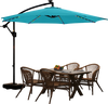 Turquoise 10 feet solar offset hanging umbrella with LED lights, providing shade and ambiance for outdoor dining.