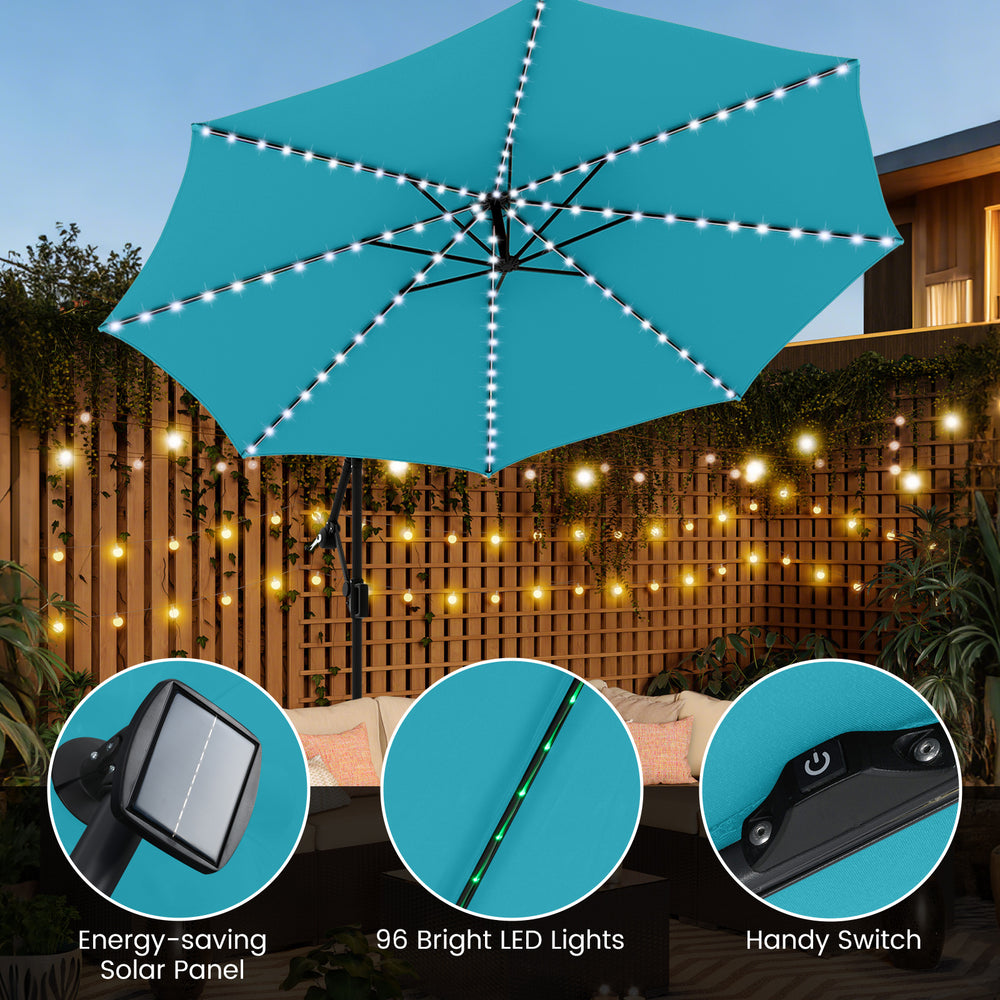 10 ft Solar LED Offset Cantilever Patio Umbrella Hanging Outdoor Market Umbrella-Red