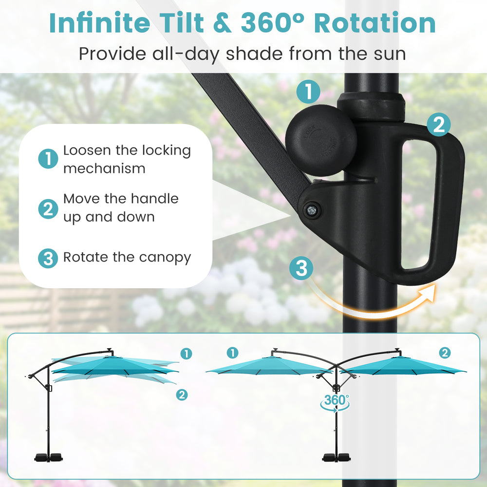 Turquoise 10 feet solar offset hanging umbrella with LED lights, featuring infinite tilt and 360° rotation for sun.