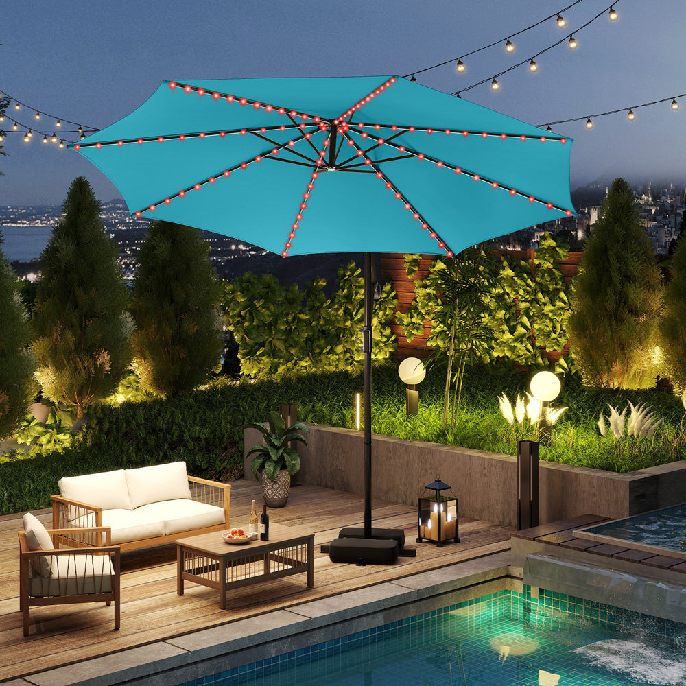 costway 10' patio umbrella 10 ft Cantilever with 32 Solar LED Lights and 220 LBS Base-Dark Blue Spanning a generous 300 cm diameter 10 Feet Offset Hanging Umbrella