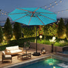 Turquoise 10 feet solar offset hanging umbrella with LED lights, perfect for outdoor patio ambiance and sun protection.