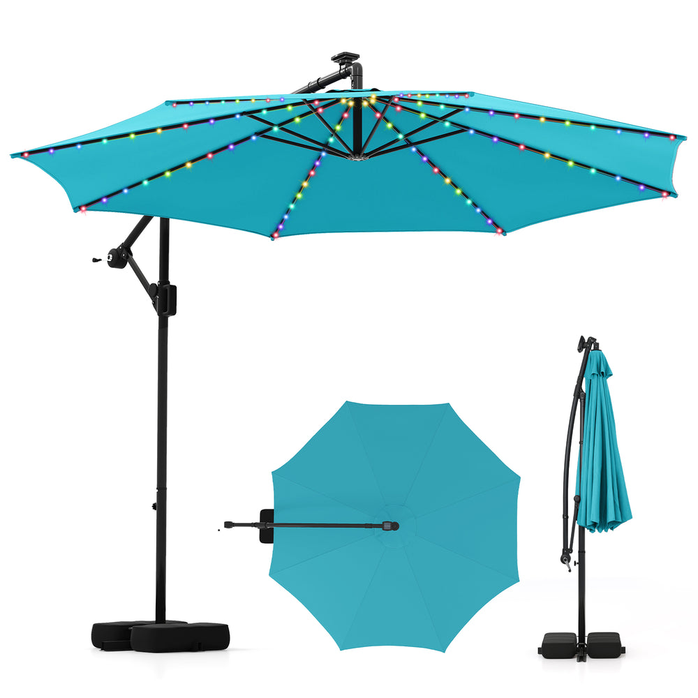 Turquoise 10 feet solar offset hanging umbrella with LED lights, featuring a sturdy base and 360° rotation for outdoor.