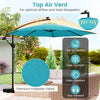 Turquoise 10 feet solar offset hanging umbrella with LED lights, featuring a top air vent for airflow and heat.