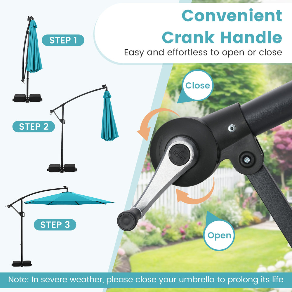 Convenient crank handle for the 10 feet solar offset hanging umbrella, allowing easy opening and closing.