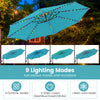 Turquoise 10 feet solar offset hanging umbrella with LED lights, showcasing 9 lighting modes for evening ambiance.