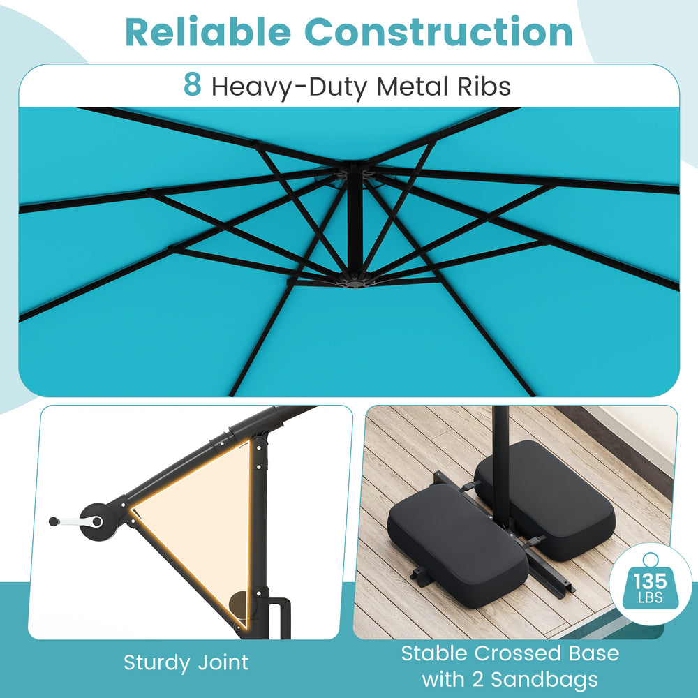Turquoise 10 feet solar offset hanging umbrella with 96 LED lights, featuring heavy-duty metal ribs and a stable base.