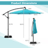Dimensions of the 10 feet turquoise solar offset hanging umbrella with base, showcasing height and width measurements.