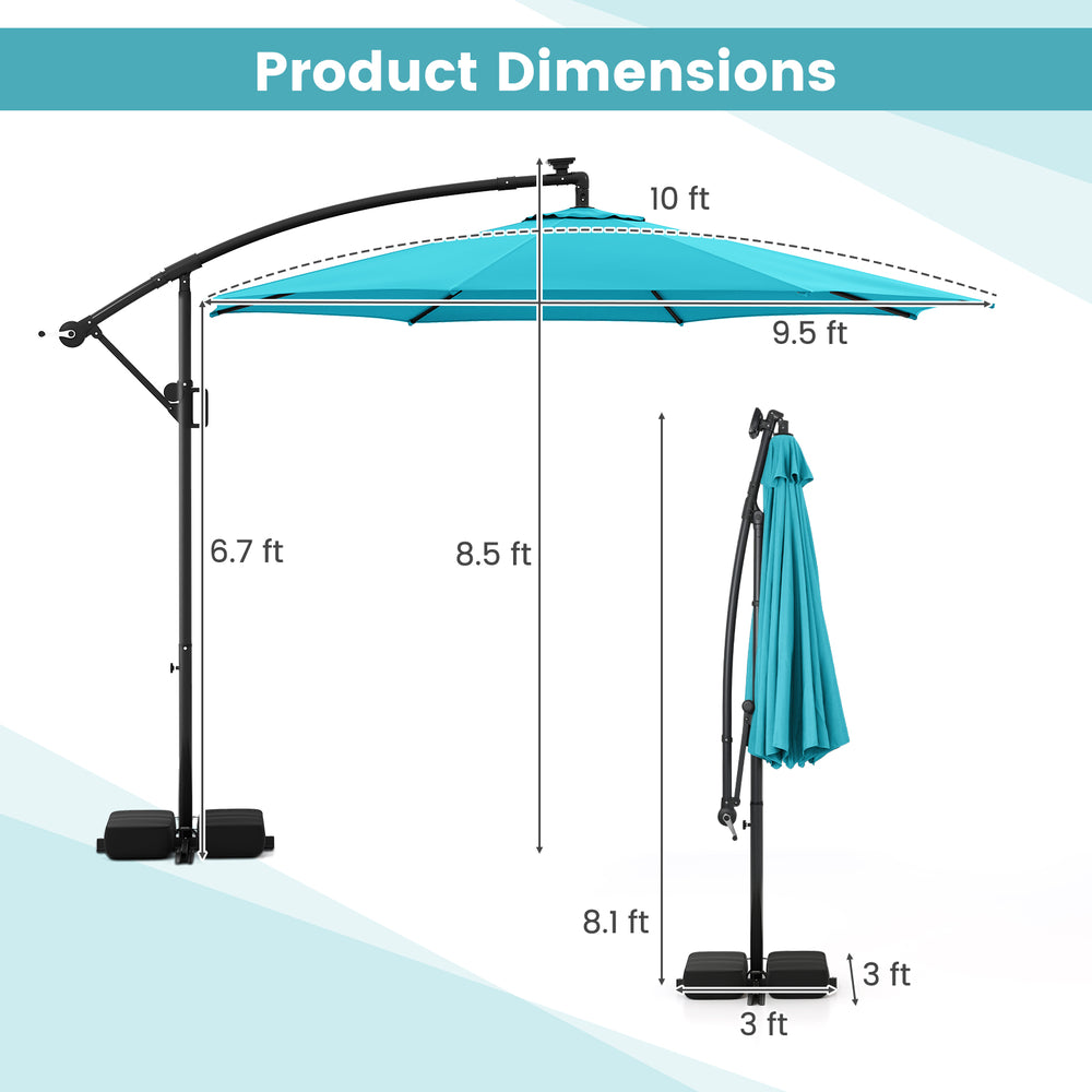 Dimensions of the 10 feet turquoise solar offset hanging umbrella with base, showcasing height and width measurements.